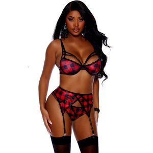 Plaid Perfection Lingerie Set: Bra with Strappy Front, Garter Belt, and Panty